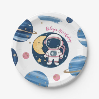 Plato De Papel Cumpleaños Astronauta Pink Blue Pappteller