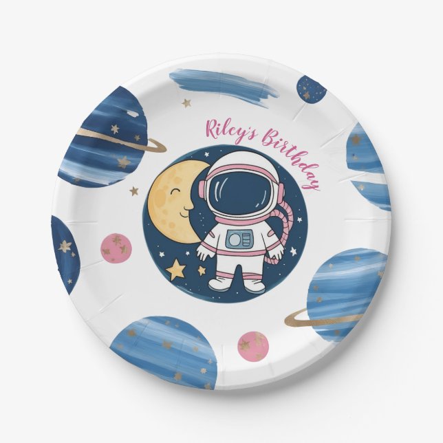 Plato De Papel Cumpleaños Astronauta Pink Blue Pappteller (Vorderseite)