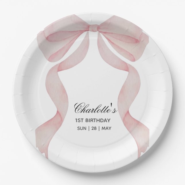 Plato de papel Pink Bow Girls Birthday Pappteller (Vorderseite)