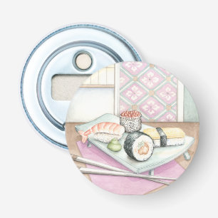 Platte der sortierten Sushi mit Essstäbchen Flaschenöffner