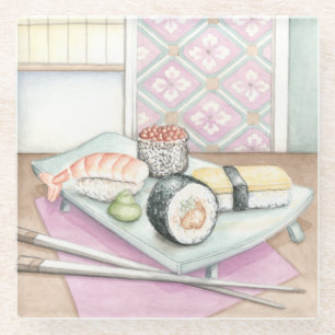 Platte der sortierten Sushi mit Essstäbchen Glasuntersetzer