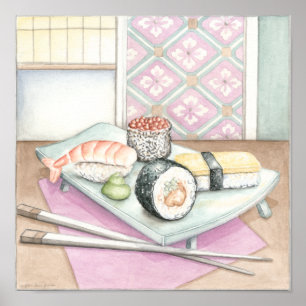 Platte der sortierten Sushi mit Essstäbchen Poster