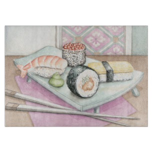 Platte der sortierten Sushi mit Essstäbchen Schneidebrett