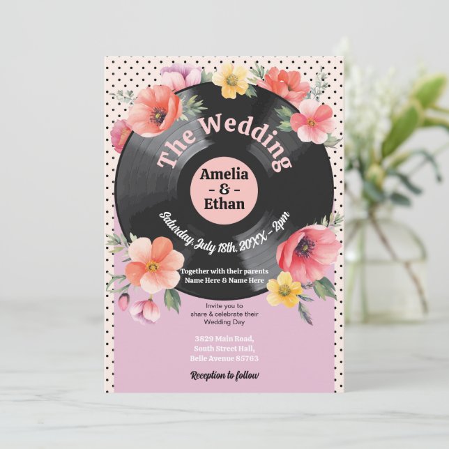 Plattenmusik Hochzeit Floral 1950er Blume Einladung (Stehend Vorderseite)