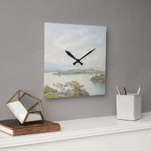 Plattensee und das Sandwich-Gebirge Wasserfarbe Quadratische Wanduhr
