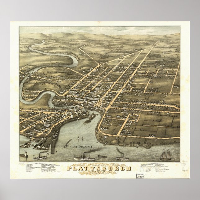Plattsburgh New York 1877 Antike Panoramakarte Poster (Vorne)
