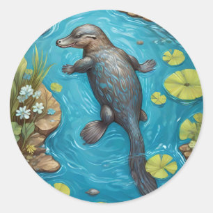 Platypus im Fluss. Runder Aufkleber