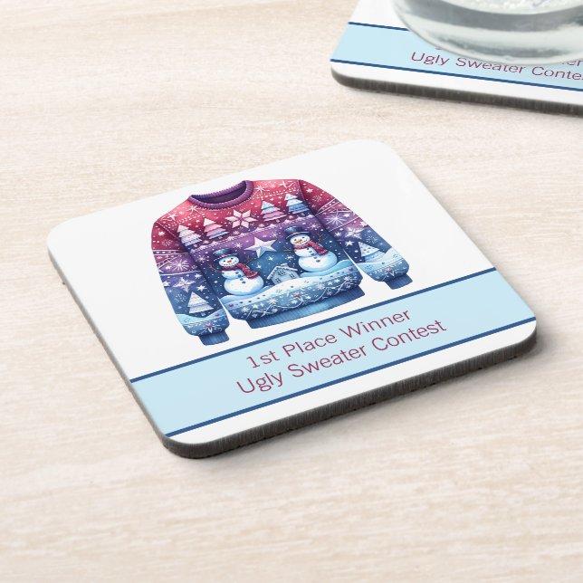 Platz Gewinner Ugly Sweater Blue Red Lila Getränkeuntersetzer (Linke Seite)
