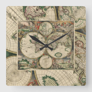 Platz-Uhr/Weltkarte Quadratische Wanduhr