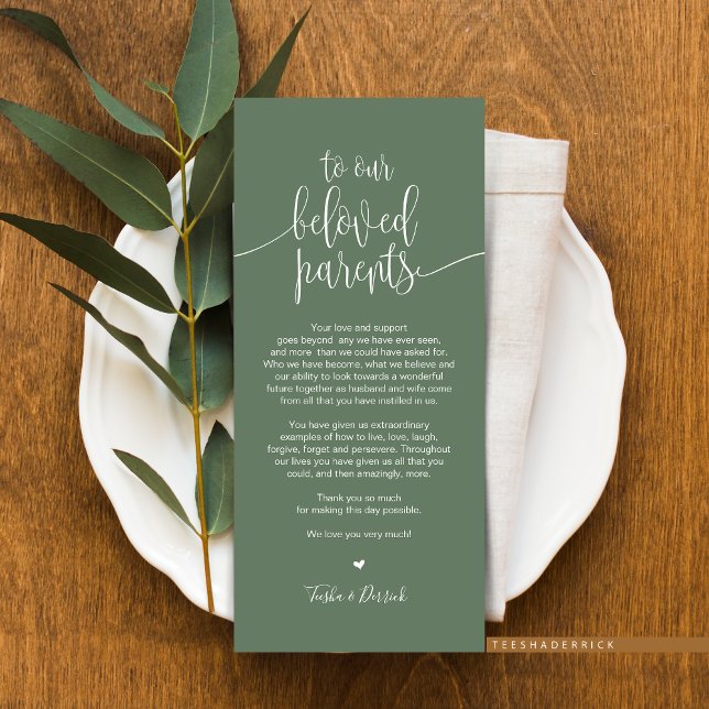 Platzieren Sie Dankeschön-Karte für geliebte Elter Programm (Wedding Dinner or Elopement Brunch Place Setting Thank You Card, In Modern RusticSage Green Greenery)