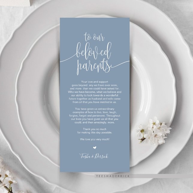 Platzieren Sie Dankeschön-Karte für geliebte Elter Programm (Wedding Dinner or Elopement Brunch Place Setting Thank You Card, In Modern Romantic Dusty Blue)