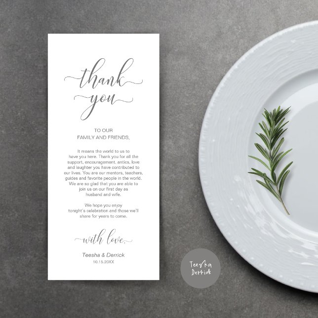 Platzierung Danke, elegante dunkelgraue Karte (Wedding Dinner Place Setting Thank You Card, Modern Classy Design, Dark Grey)