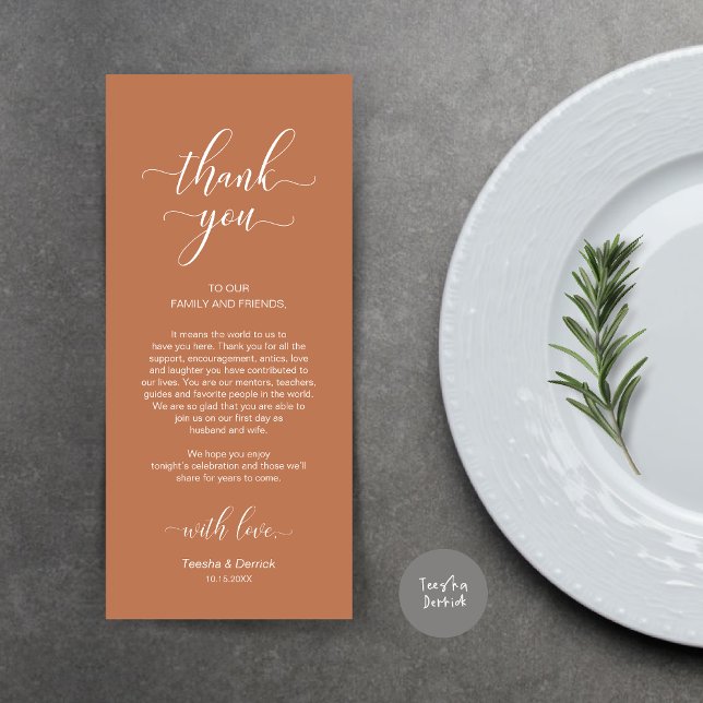 Platzierung Vielen Dank, elegante Copper Brown Car Programm (Wedding Dinner Place Setting Thank You Card, Modern Classy Design, Copper Rust Brown)