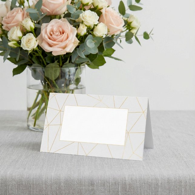 Platzkarte des geometrischen Goldrahmens (Geometric gold frame guest wedding name place card)