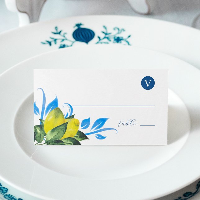 Platzkarte für die Hochzeitsdecke von Wasserfarben (Wedding place cards with meal choice watercolor lemons with blue and green botanicals)