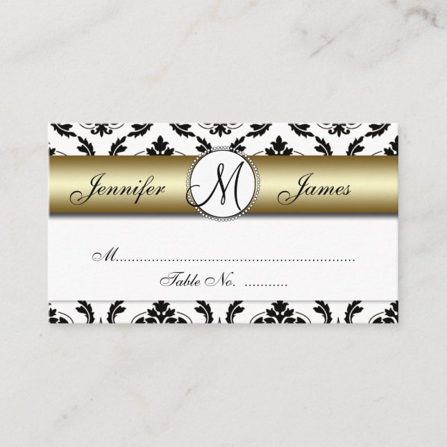 Platzkarte für Hochzeiten in Gold, Schwarz und Wei (Vorderseite)