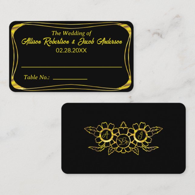 Platzkarte für Hochzeiten in Schwarz und Gold (Vorne/Hinten)