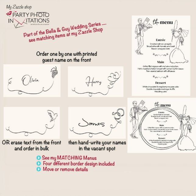 Platzkarte Tischnummer (Bella & Guy hand drawn series menu place cards)