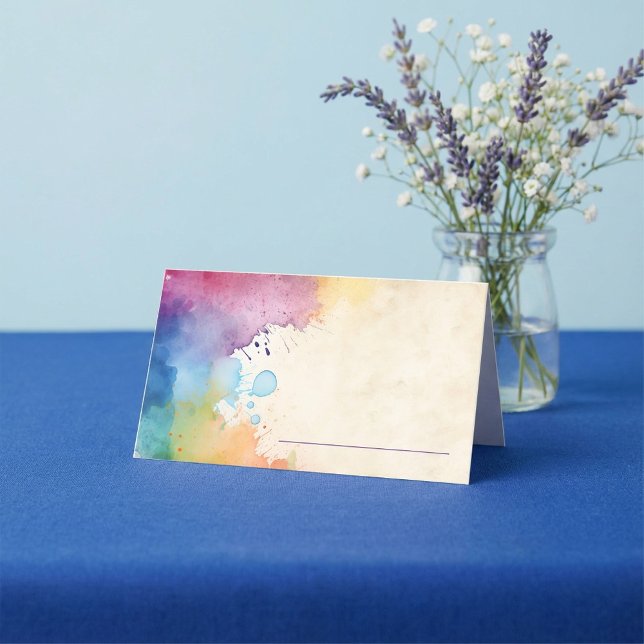Platzkarte von hellen Farben und Tabellennamen (Bright paint splashes table name place card.)