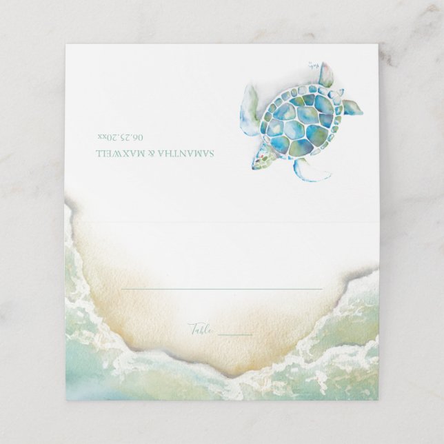 Platzkarte Watercolor Beach Coastal Wedding (Außenseite Aufgefaltet)