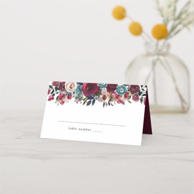 Platzkarte Watercolor Burgundy Red Floral Wedding (Vorderseite)