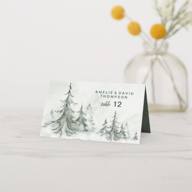 Platzkarte Watercolor Tannenbäume Winter Hochzeit (Vorderseite)