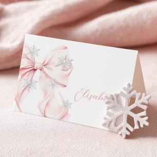 Platzkarte Wintertisch mit rosa Schleife Tischnummer