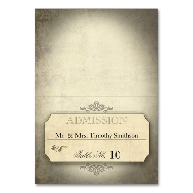Platzkarten für Vintage Ticketnamen Tischnummer (Vorderseite)