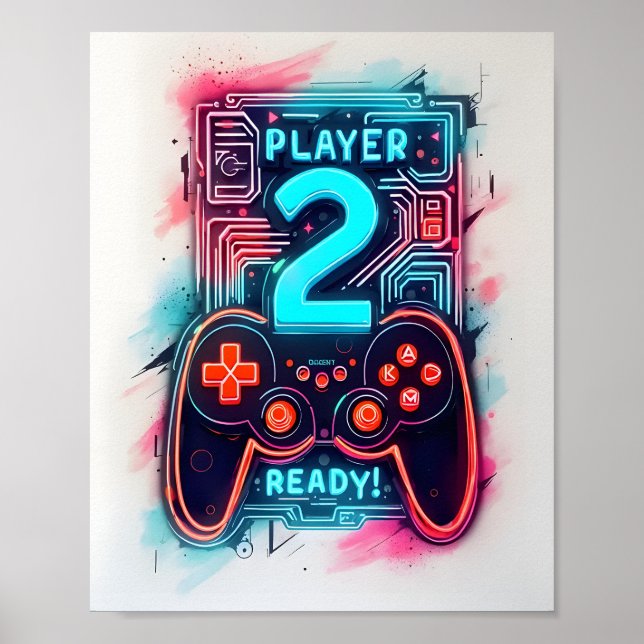 Player 2 Bereit Neon Gamer Art Poster (Vorne)