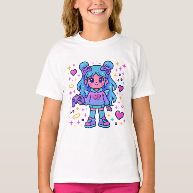 Playera Kawaii Blue Gamer – Cute Magical T-shirt (Vorderseite)