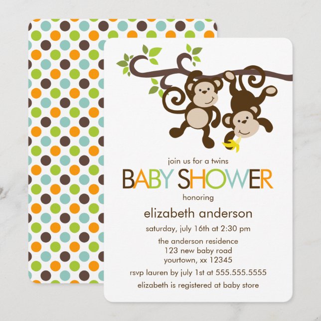 Playful Affen Twins Baby Dusche Einladung (Vorne/Hinten)