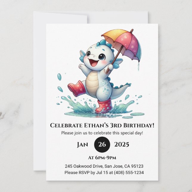 Playful Baby Dragon in Rain Birthday Einladung (Vorderseite)