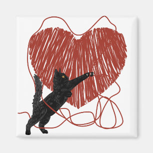 Playful Black Cat Unraveling Red Heart Magnet