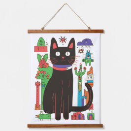 Playful Black Cat Wandteppich Mit Holzrahmen