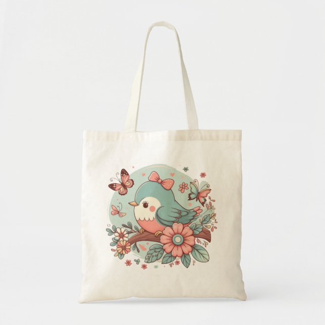 Playful Blue Bird mit Blume und Schmetterling Tragetasche (Vorne)