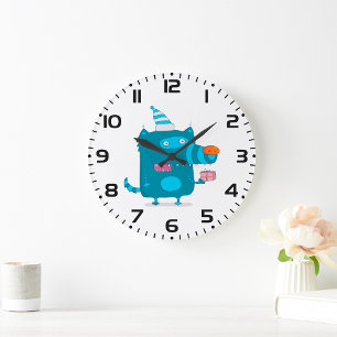 Playful Blue Cartoon Monster mit Party Hat Große Wanduhr