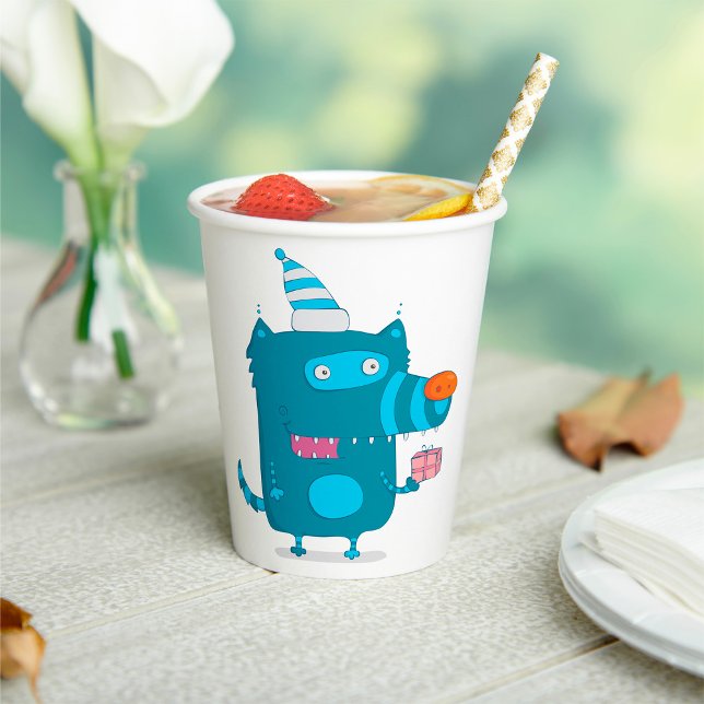 Playful Blue Cartoon Monster mit Party Hat Pappbecher (Von Creator hochgeladen)