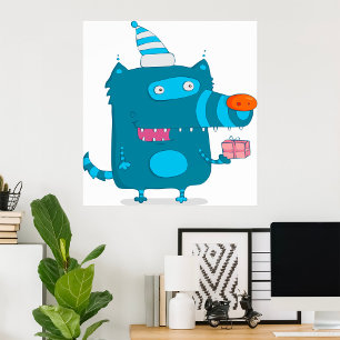 Playful Blue Cartoon Monster mit Party Hat Poster