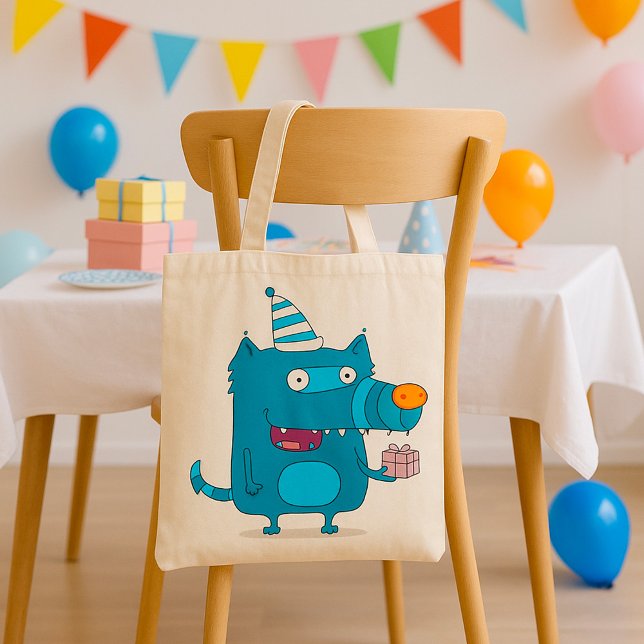 Playful Blue Cartoon Monster mit Party Hat Tragetasche (Von Creator hochgeladen)