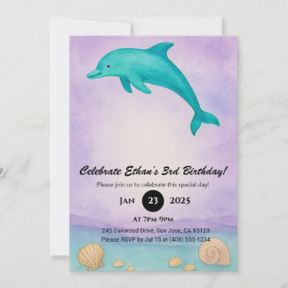 Playful Blue Dolphin & Seashell Ocean Birthday  Einladung