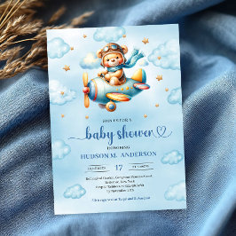 Playful blue pilot teddy bear boy shower invites einladung