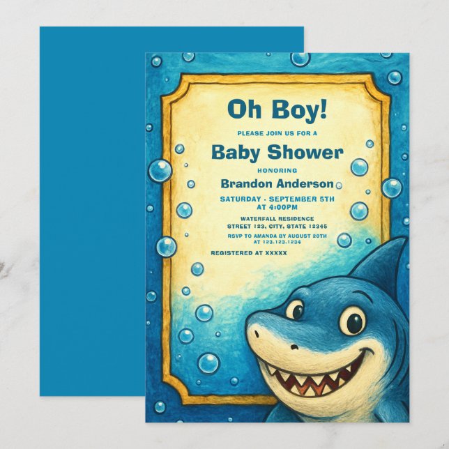 Playful Blue Shark Bubbles Boy Baby Dusche Einladung (Vorne/Hinten)