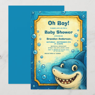 Playful Blue Shark Bubbles Boy Baby Dusche Einladung