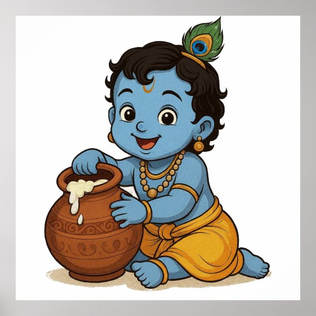 Playful Blue Yellow Säugling Krishna Art Design Poster (Vorne)