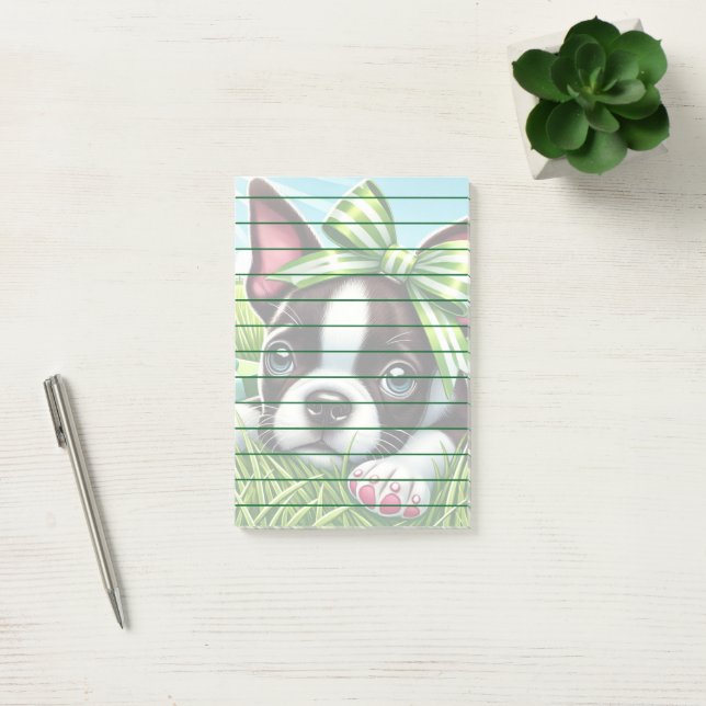 Playful Boston Terrier Puppy mit Green Bow Post-it Klebezettel (Büro)