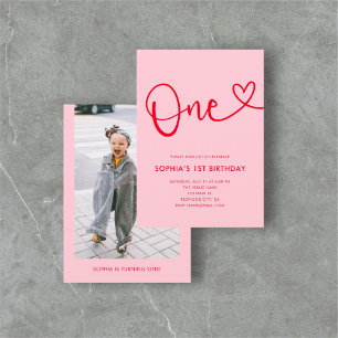 Playful Calligraphy Heart Pink Red 1. Geburtstag Einladung