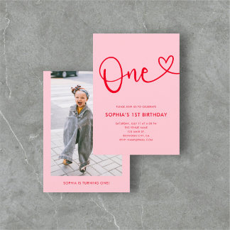 Playful Calligraphy Heart Pink Red 1st Birthday Einladung