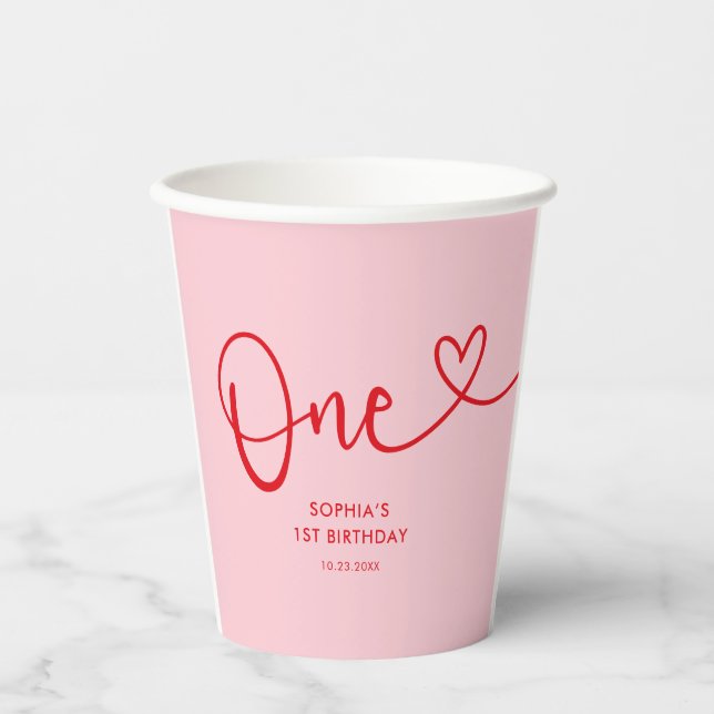 Playful Calligraphy Pink Red 1st Birthday Pappbecher (Vorderseite)