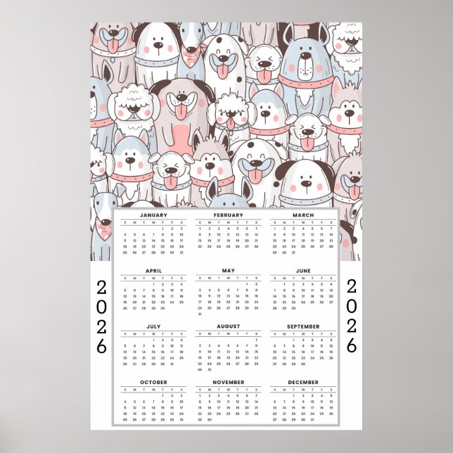 Playful Cartoon Dog Pattern with 2026 Calendar Poster (Vorne)