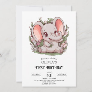 Playful Cartoon Elephant 1. Geburtstag digital Einladung